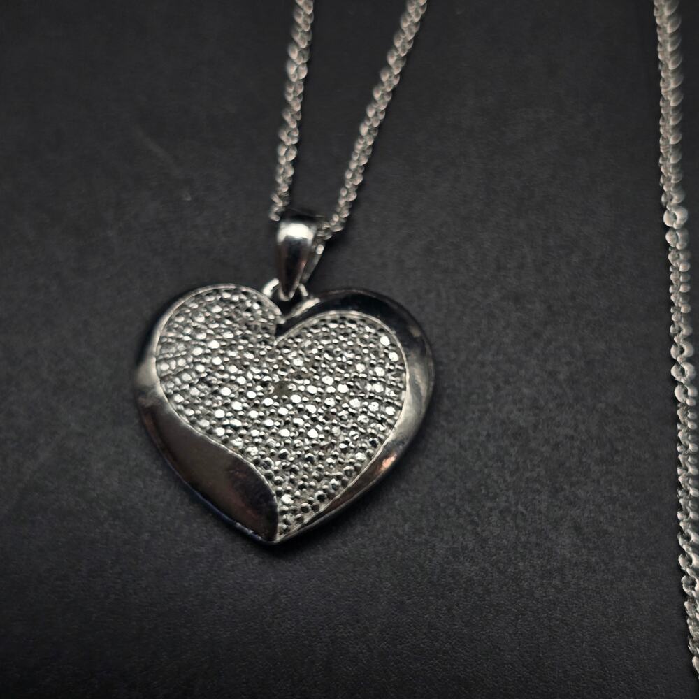 FAS Diamond Chip Heart Necklace Pendant Silver Tone